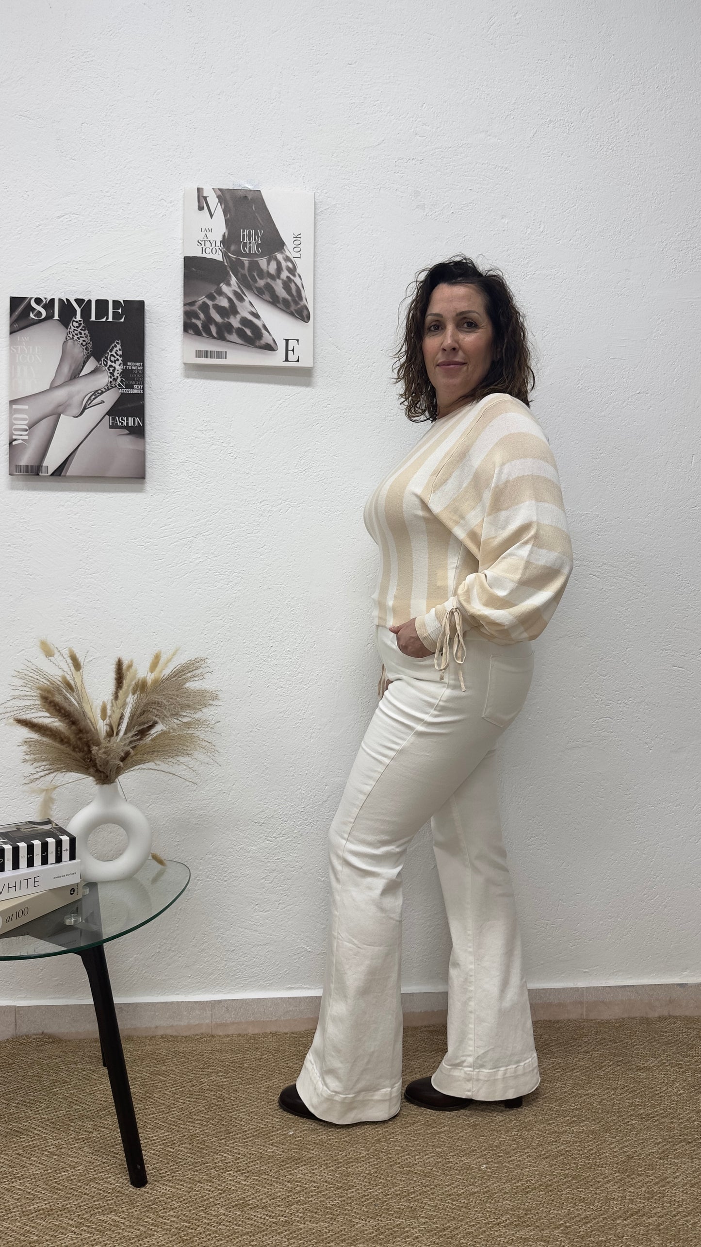 Jersey con manga lazada y rayas beige