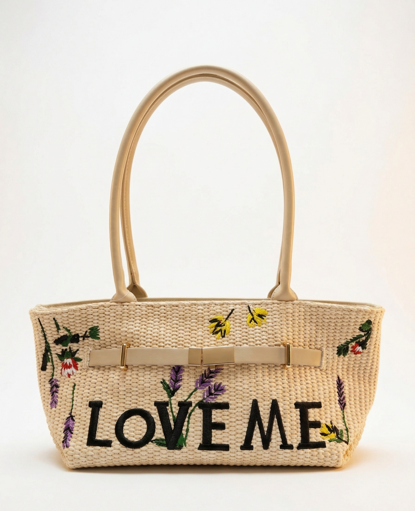 Bolso trenzado beige con estampado florar