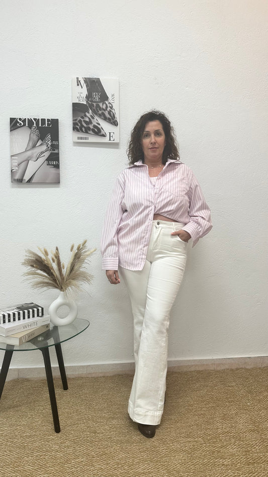 Camisa asimétrica de rayas rosas y blancas con top incorporado