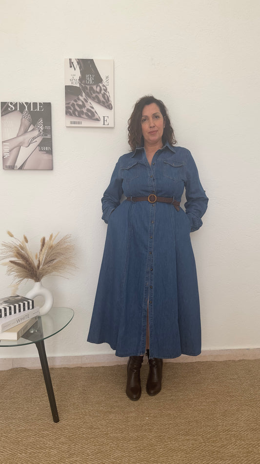Vestido vaquero largo con cinturón