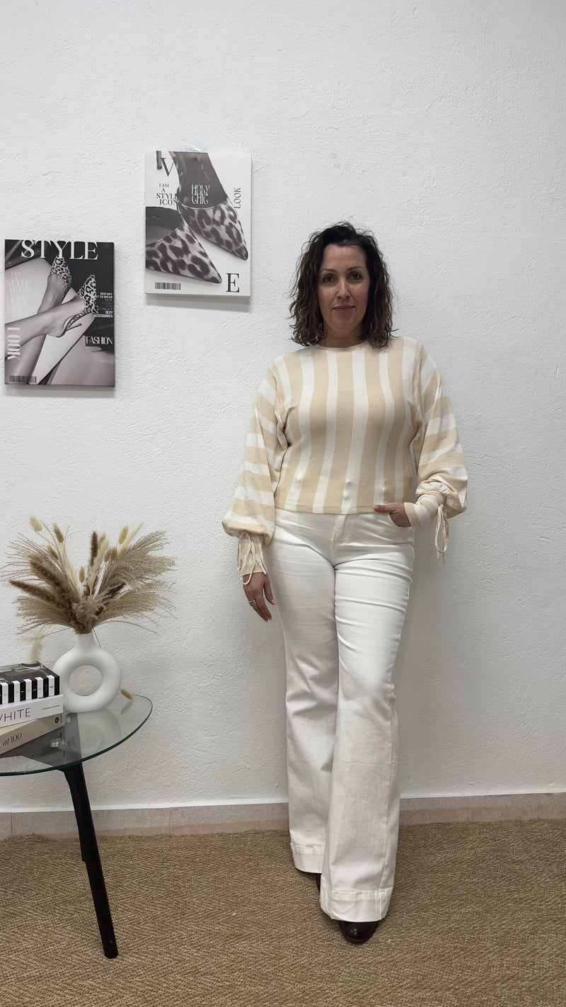 Jersey con manga lazada y rayas beige