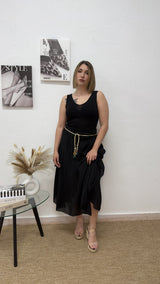 Falda midi negra con cinturón trenzado