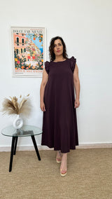 Vestido largo berenjena con volanes