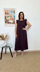 Vestido largo berenjena con volanes