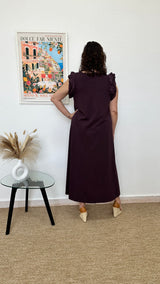 Vestido largo berenjena con volanes